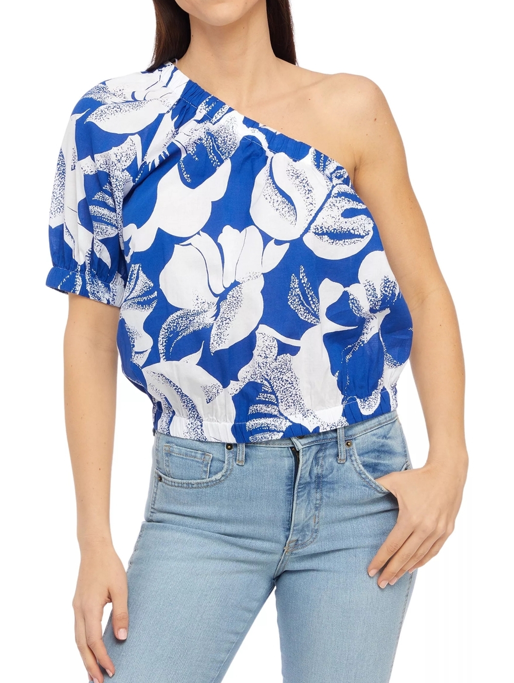 Wonderly One Shoulder Royal Blue and White Floral Top